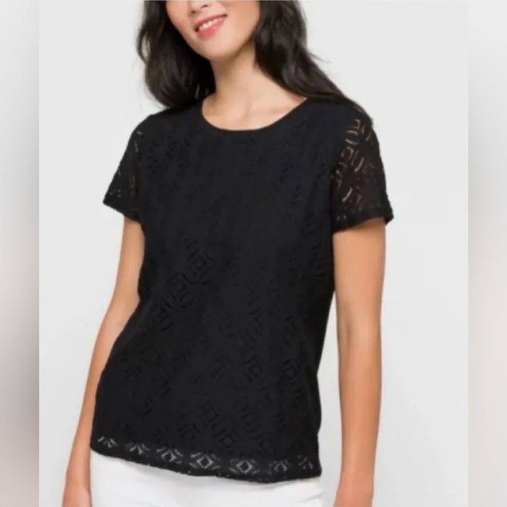 Market & Spruce Blouse Women's Large Lace Lined Short Sleeve Pullover Black Top